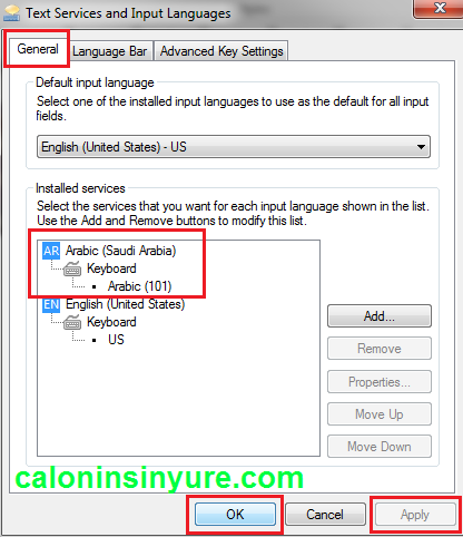 Gambar Tampilan Jendela Text Services and Input Language