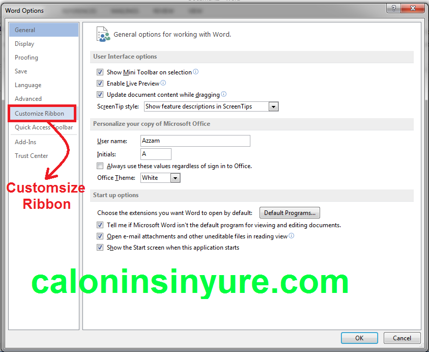 Gambar Tampilan Options-Customsize Ribbon Ms. Word