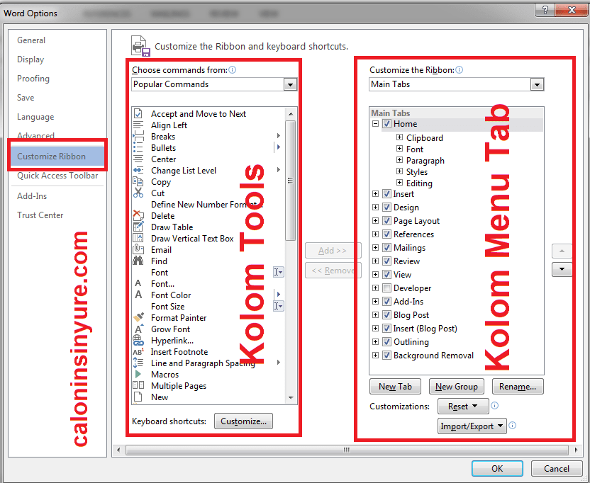 Gambar Tampilan Customsize Ribbon Microsoft Word 2013